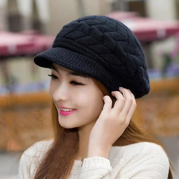 👑Women’s _2hats(black+dark Grey) Winter Warm Knit Wool Snow Ski Hat with Visor